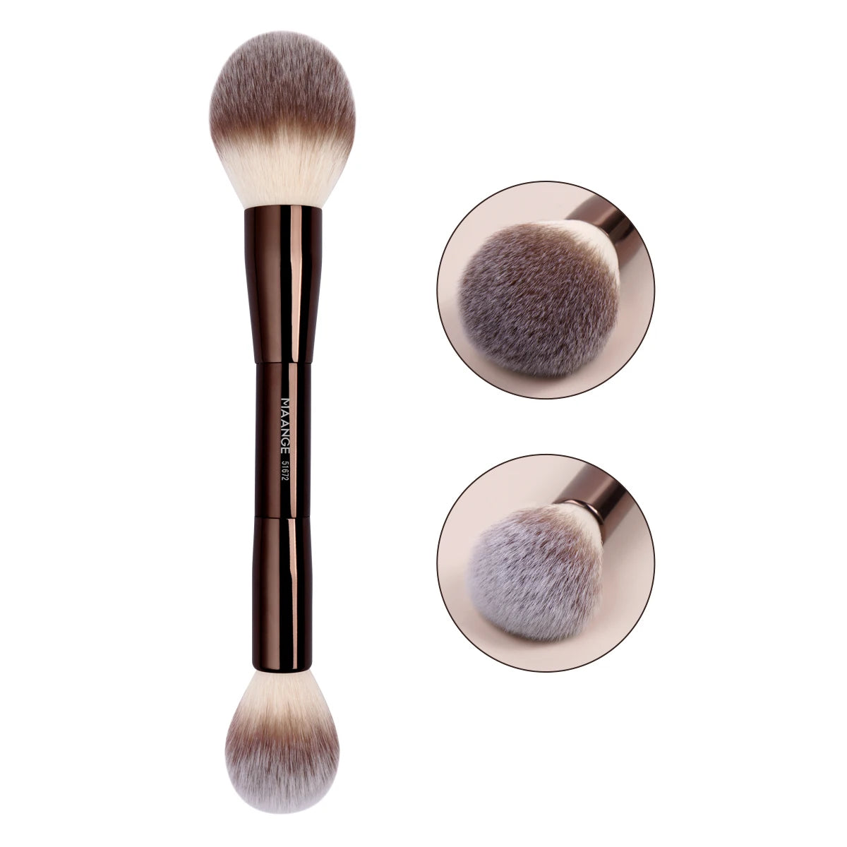 A double-ended makeup brush set featuring soft, fluffy brushes in a taupe or gray color.