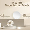 An LED rechargeable travel makeup mirror showing 1X and 10X magnification modes for various makeup applications.