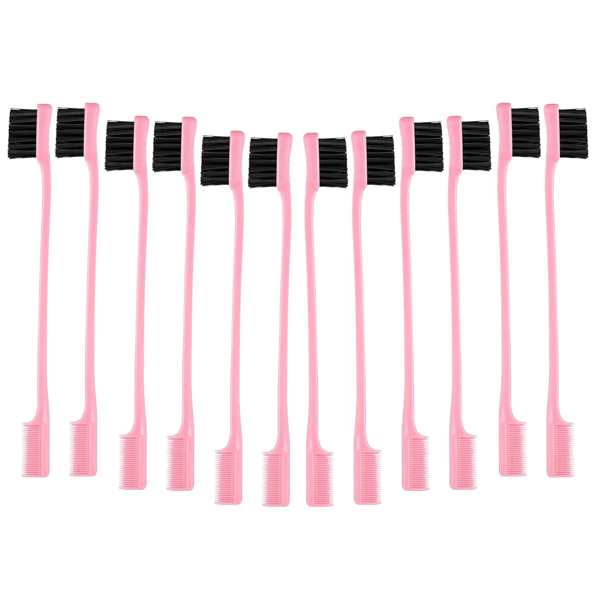 Un juego de doce cepillos para controlar los bordes, dobles, en rosa y negro.