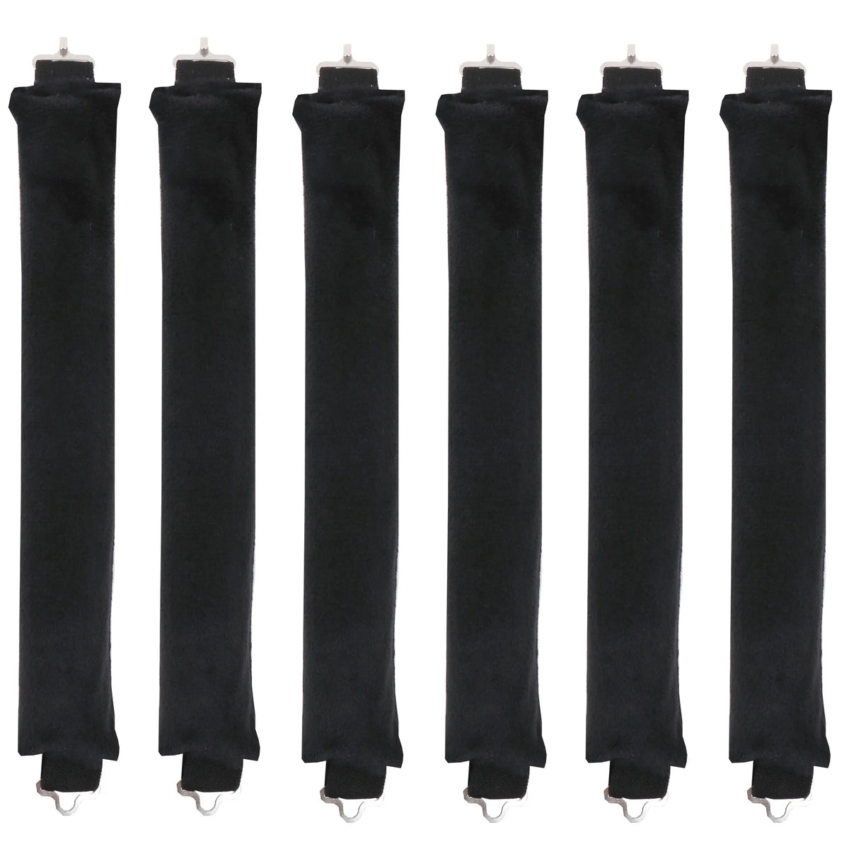 A set of black heatless hair curler curling rods displayed vertically.