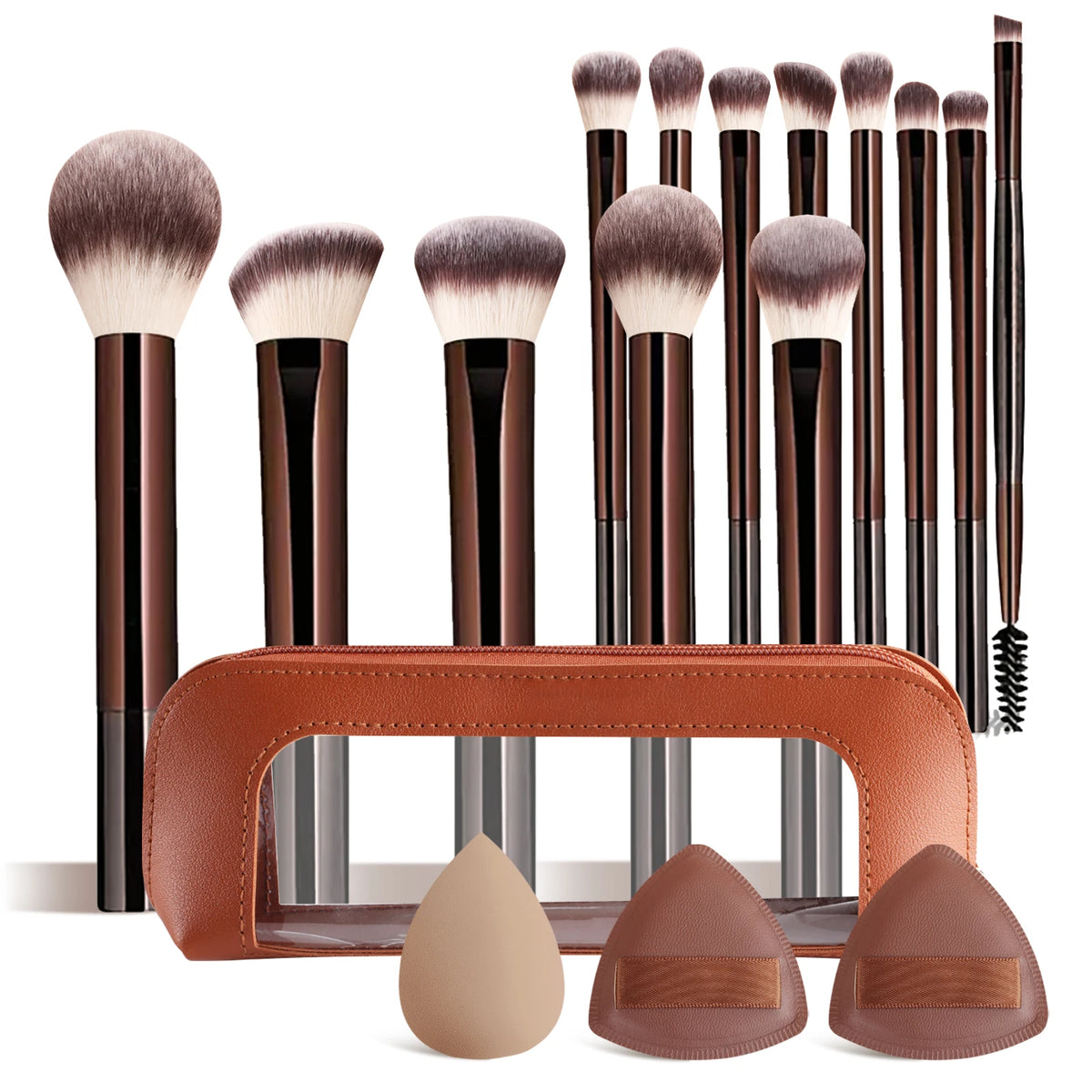 A set of thirteen professional makeup brushes and storage tools with a leather-colored case and brush heads.