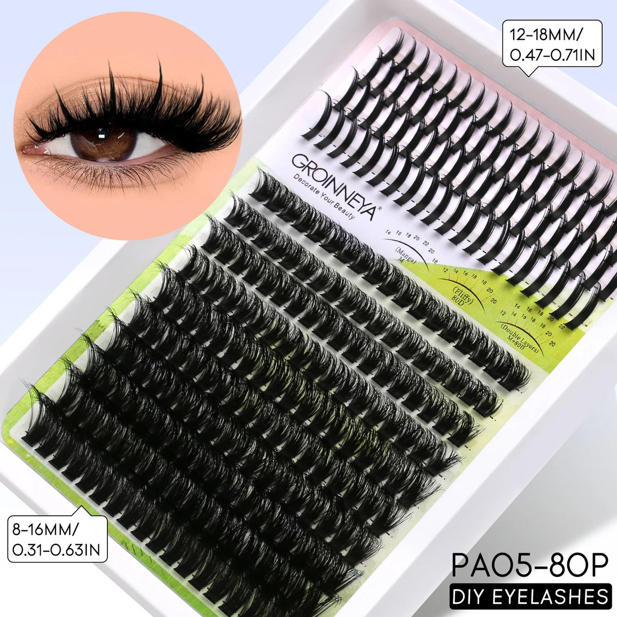 A package of black DIY spiky lash clusters for bold extensions with measurements listed.