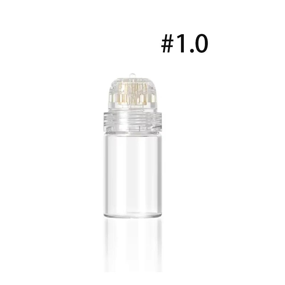 A clear glass microneedling stamp set with a silver-colored top and body.