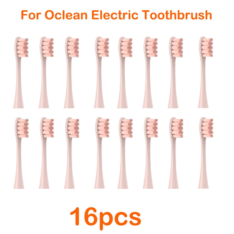 A set of 16 replacement brush heads for an Ocean electric toothbrush, shown in various sizes and angles.