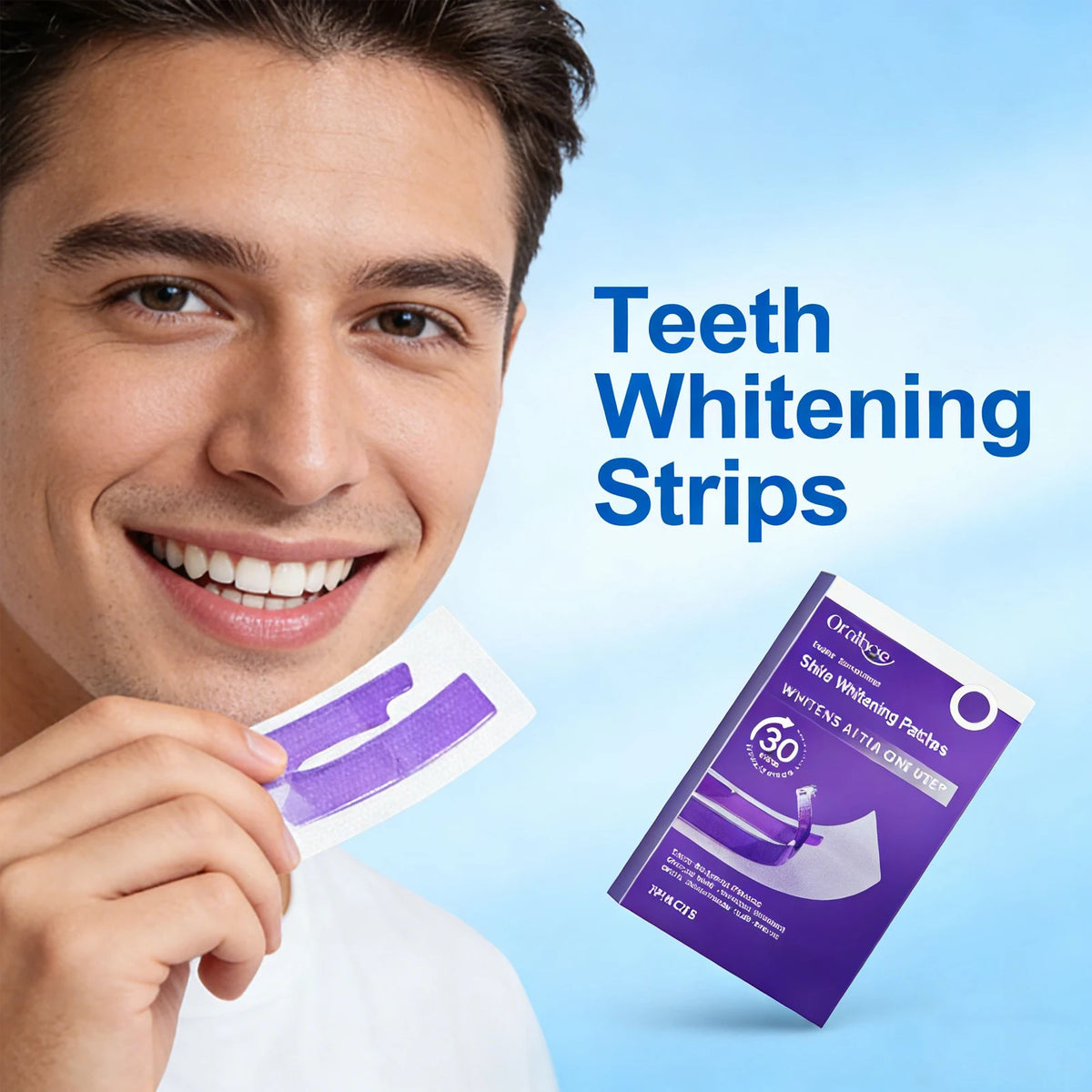 A man smiles while holding a box of Teeth Whitening Strips for natural teeth whitening.