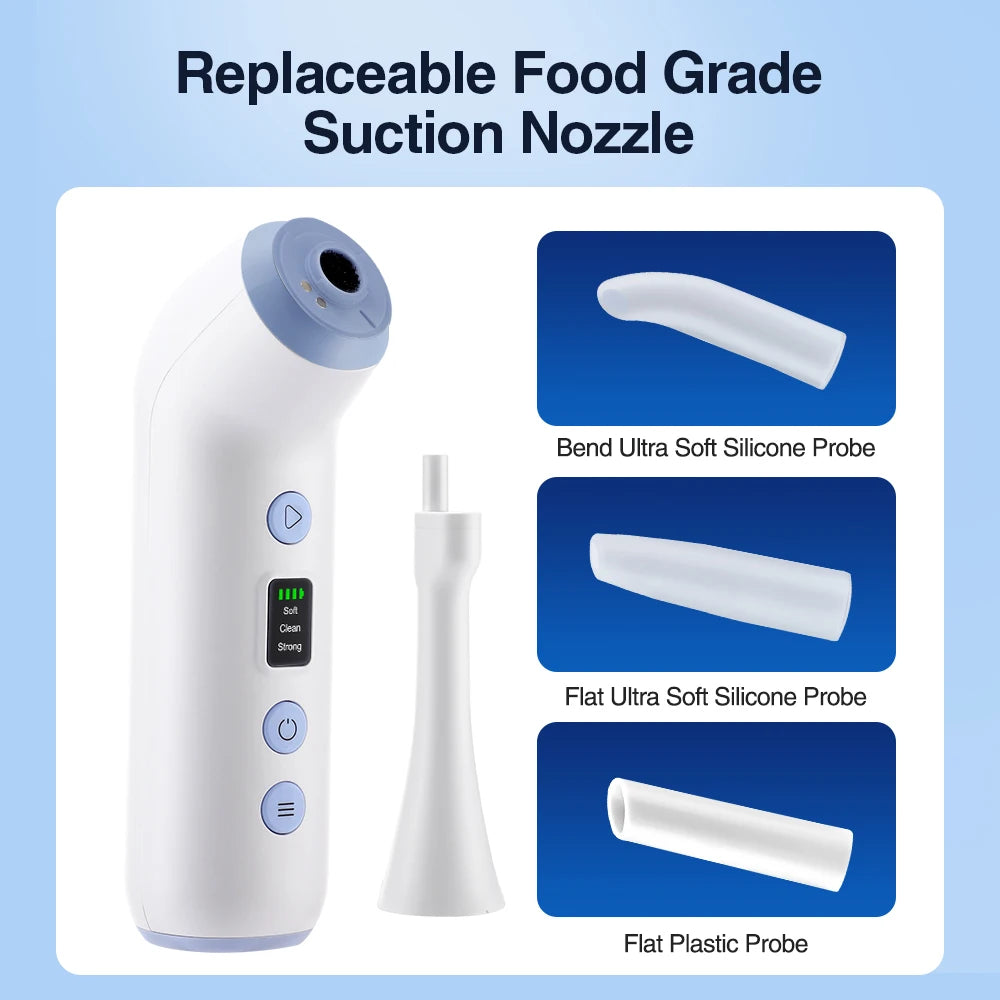 A white electric tonsil stone remover device and various silicone and plastic probes for use.