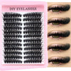 A pink tray of black cluster eyelashes is shown alongside models demonstrating the lashes on the eye.