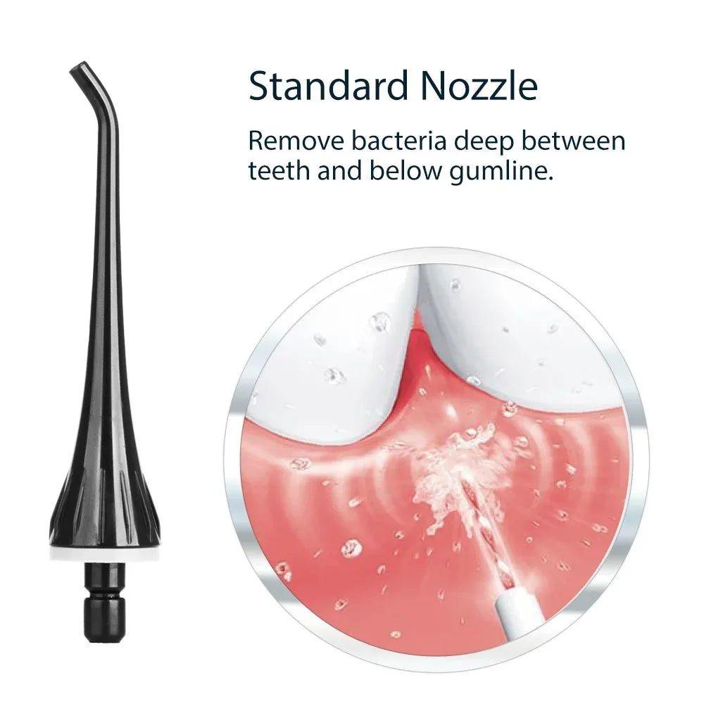 A black standard nozzle tip for a water flosser oral irrigator shown next to an illustration of its use inside the mouth.