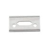 A silver professional stagger-tooth clipper blade with a rectangular opening and mounting holes.