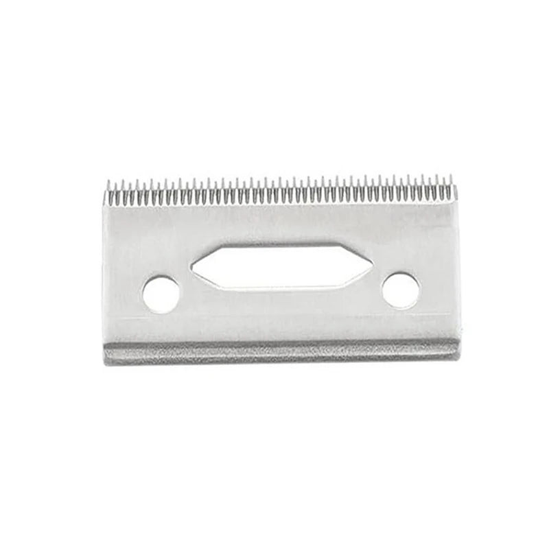 A silver professional stagger-tooth clipper blade with a rectangular opening and mounting holes.