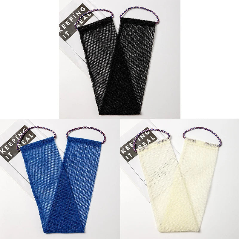 A set of exfoliating African net body scrub sponges in black, blue, and cream colors.