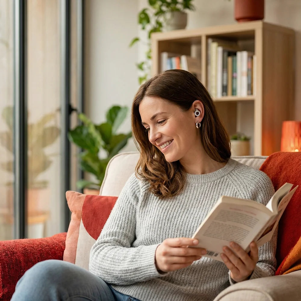 A woman is reading a book while sitting comfortably indoors near a window.