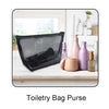 Trois sacs cosmétiques en filet noirs pour maquillage, produits de toilette et crayons.