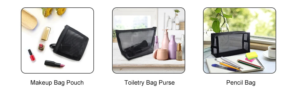 Trois sacs cosmétiques en filet noirs pour maquillage, produits de toilette et crayons.