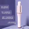 A pink professional automatic hair curling iron with multiple temperature settings displayed against a purple background.
