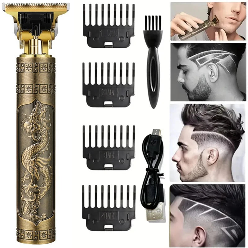 A set of professional cordless electric hair clippers and attachments for men's haircuts.