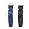 A pair of black and blue professional hair trimmers shown side by side with dimensions.