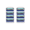 A set of reusable stainless steel shaving heads with blue and light blue accents.
