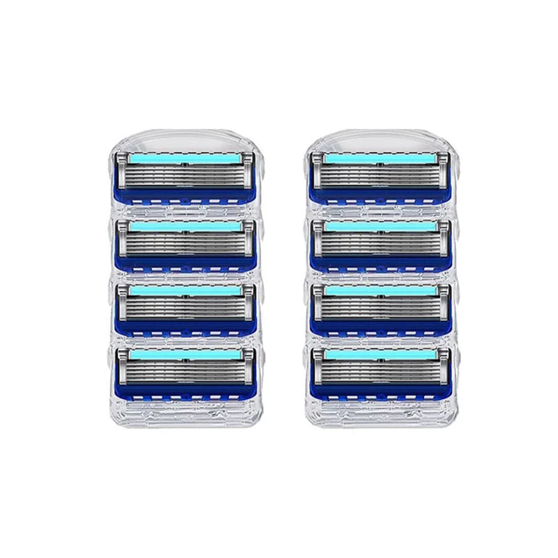 A set of reusable stainless steel shaving heads with blue and light blue accents.