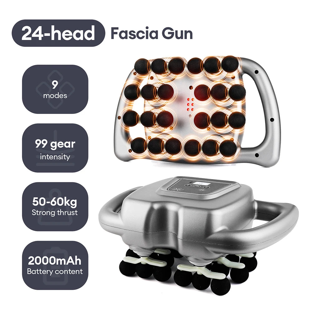 A silver 24-head fascia gun massage device with a handle and multiple massage heads is shown.