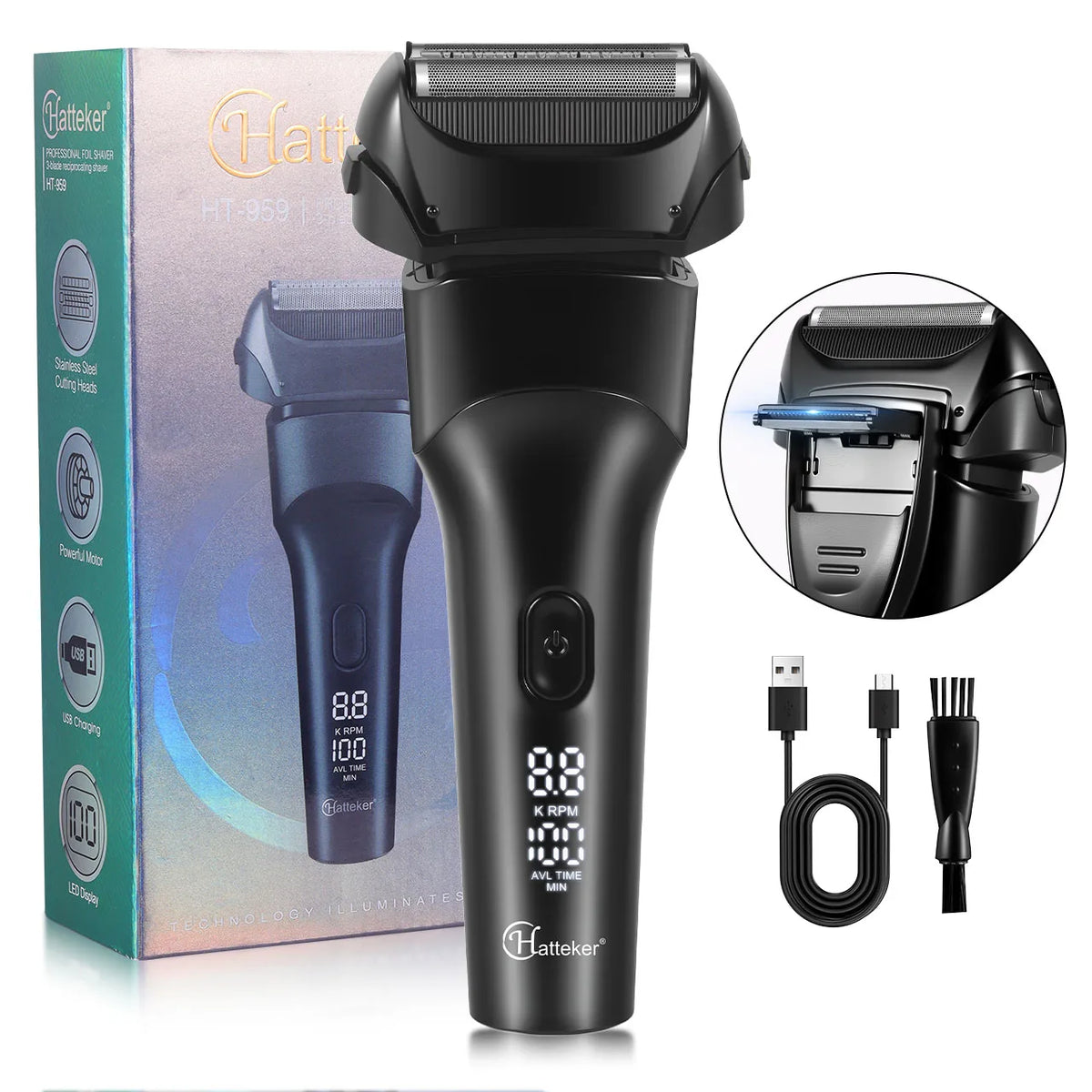 A black Hatteker cordless beard trimmer with a shaving head and charging cable shown next to its packaging.