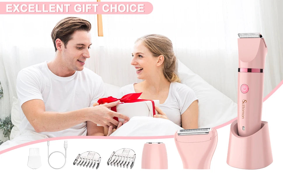 A woman and man smiling while a pink 3-in-1 smart washable hair remover and grooming kit is displayed.