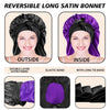 Reusable long satin bonnet shown outside and inside with elastic band and long tie band