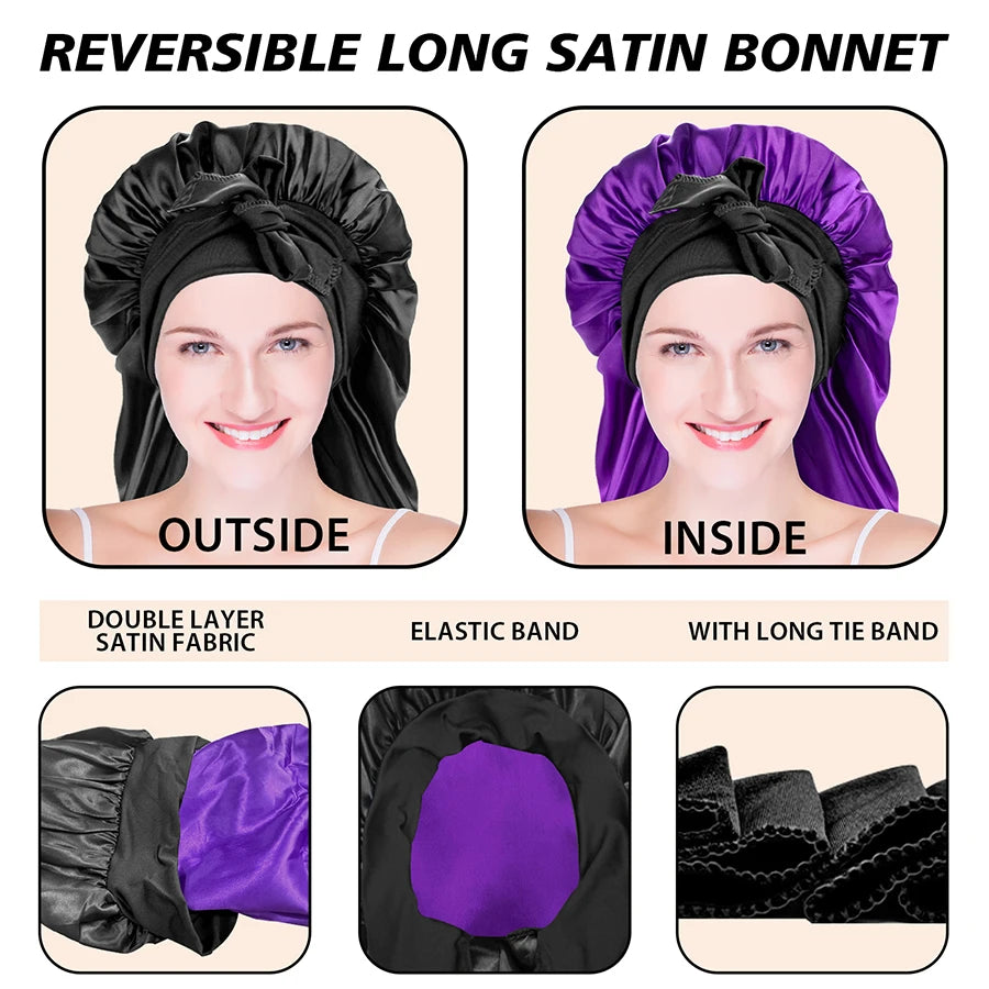 Reusable long satin bonnet shown outside and inside with elastic band and long tie band