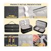 Detail presentation of a black PU leather hair dryer storage bag showing various features like waterproof material and zipper