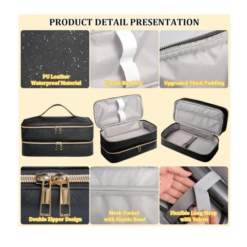 Detail presentation of a black PU leather hair dryer storage bag showing various features like waterproof material and zipper