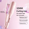 A pink curling iron with negative ion emitting holes is shown against a pink background, demonstrating hair care features.