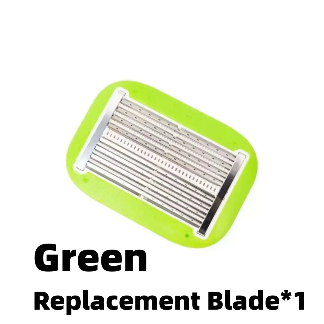 A bright green replacement blade for a precision manual safety razor.
