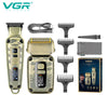 A set of VGR electric hair trimmers, including a handheld unit and various guard attachments.