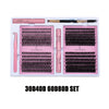 A set of 30D4D and 60D8OD lash clusters and applicator tools in pink and black.