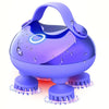 A purple portable electric scalp massager with silicone massage heads and water droplets on the surface.