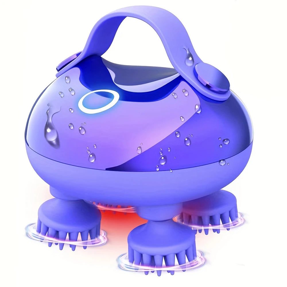 A purple portable electric scalp massager with silicone massage heads and water droplets on the surface.