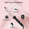 A black 9mm tiny curling wand with cooling tips and swivel cord shown against a pink background.
