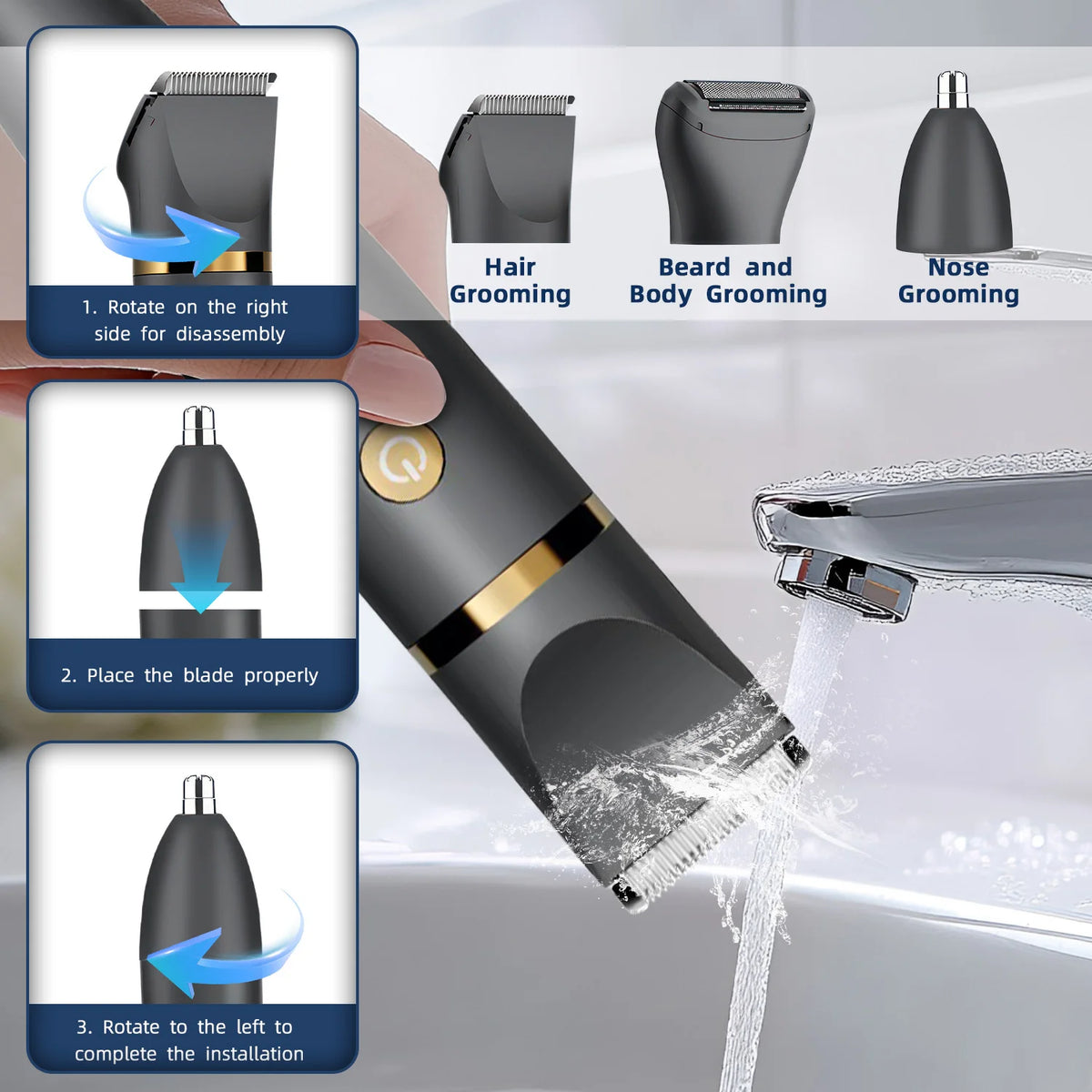 A grooming kit for hair, beard, and nose grooming showing steps for assembly and use.