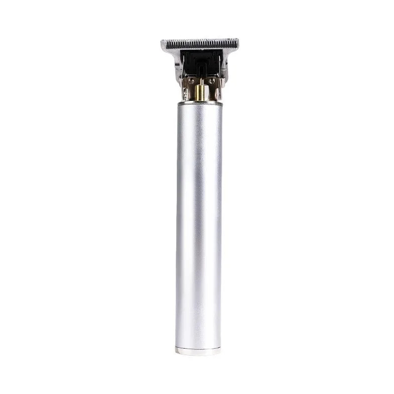 Silver professional rechargeable hair clipper with a metal comb attachment.