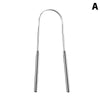 Raspador de lengua de acero inoxidable para higiene bucal.