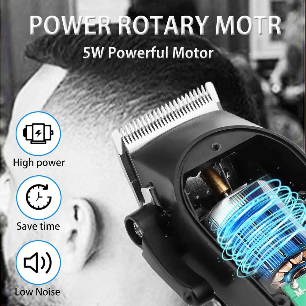 A close-up of a black rotary motor hair clipper with a metal comb, demonstrating high power and low noise features.