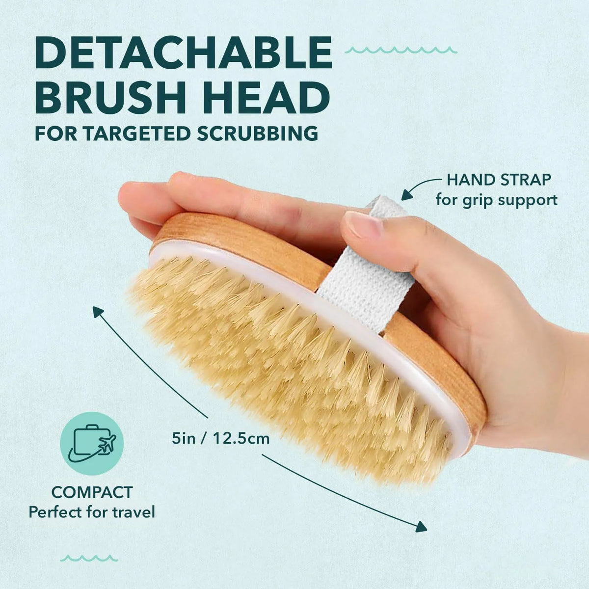 A hand holds a detachable brush head with a wooden handle and white strap for targeted scrubbing.