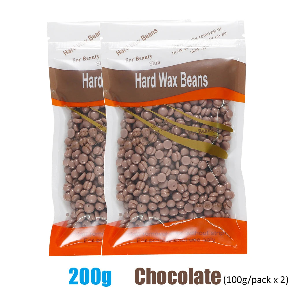 A package of Hard Wax Beans for gentle hair removal, showing brown beans inside.