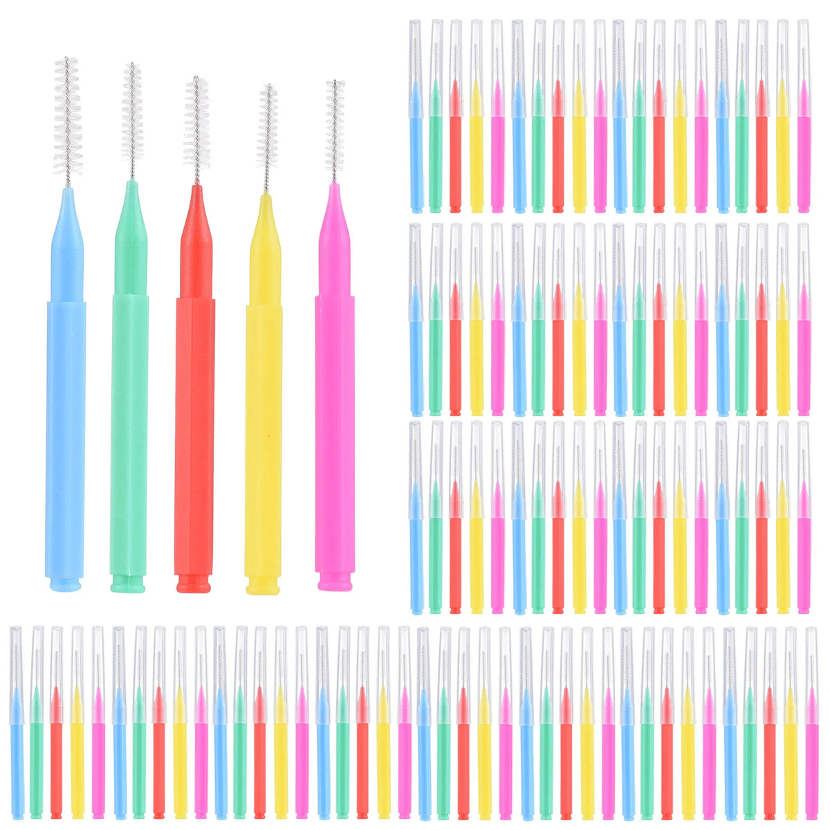 Une collection de 100 brosses interdentaires de précision dans diverses couleurs et tailles.