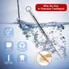 A titanium toothpick is shown dipping into water, illustrating its use for cleaning and hygiene.
