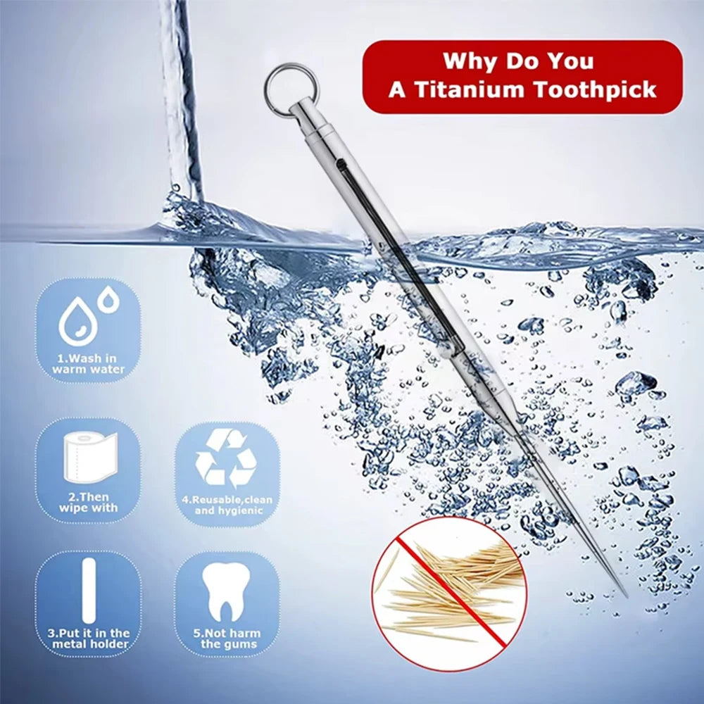 A titanium toothpick is shown dipping into water, illustrating its use for cleaning and hygiene.