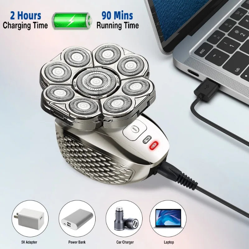 A silver electric head shaver with multiple attachments and a charging cable, shown next to various devices.