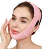 A woman is wearing a pink adjustable face slimming strap for jawline contouring on her face.