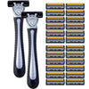 Stainless steel safety razor with replaceable triple-blade head shown in a grid layout.