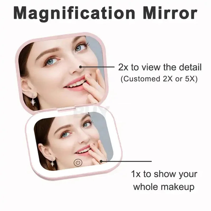 Miroir de toilette pliable rose compact montrant le visage d'une femme, démontrant des fonctionnalités de grossissement.